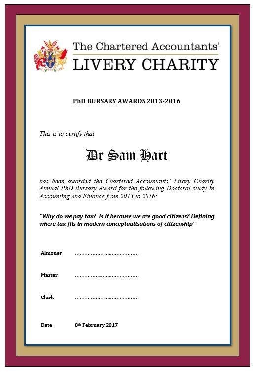 PhD Bursary Certificate example